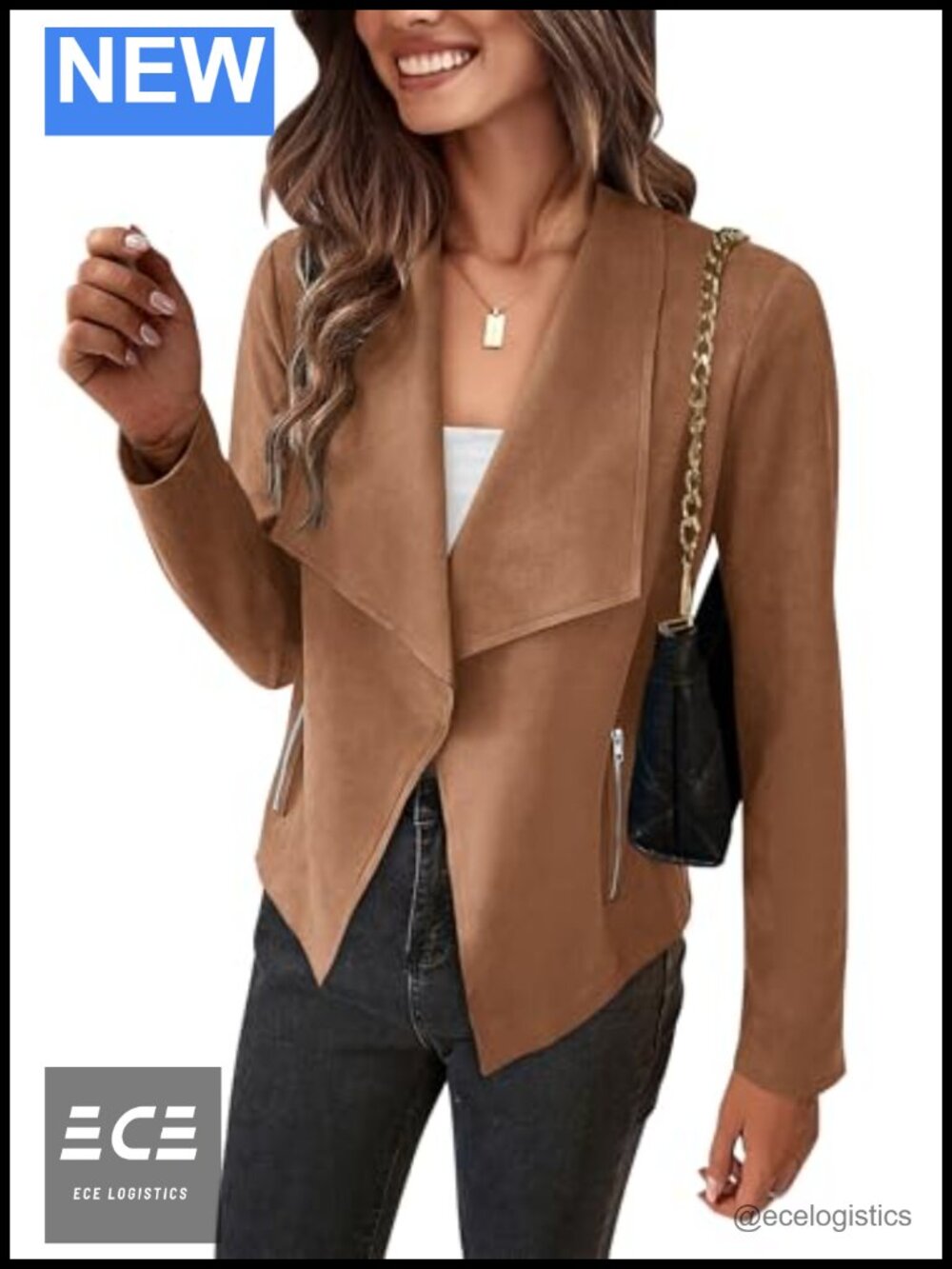 Faux Suede Cropped Jacket Waterfall Collar Open Front Coat
